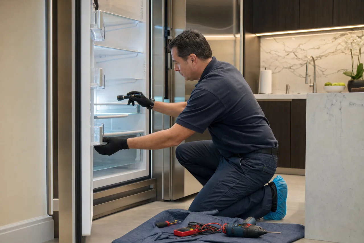 Technician repairing a built-in refrigerator up close