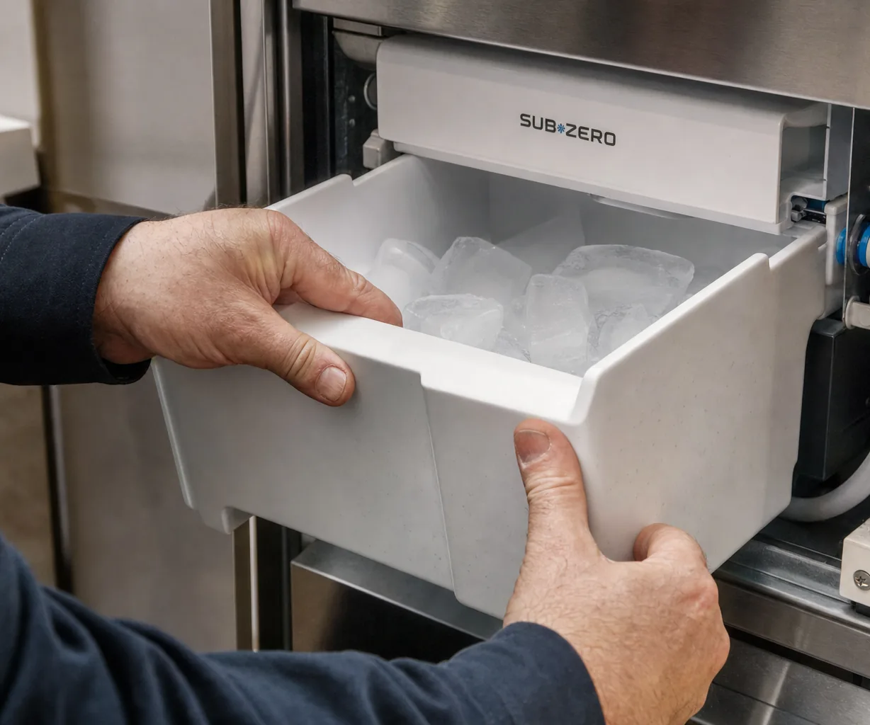 Technician servicing a built-in ice maker in a Mount Kisco kitchen