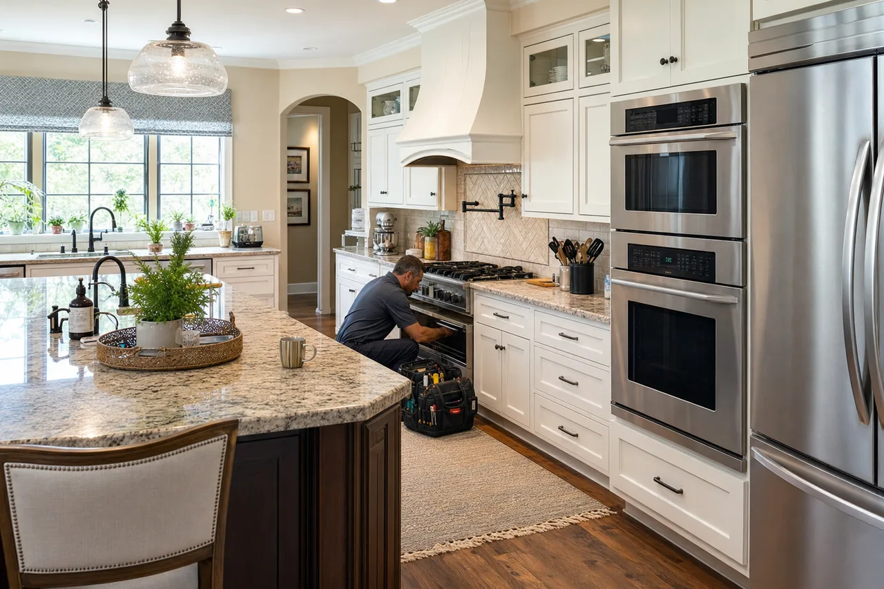 A luxury kitchen with built-in stainless appliances in a Mount Kisco kitchen