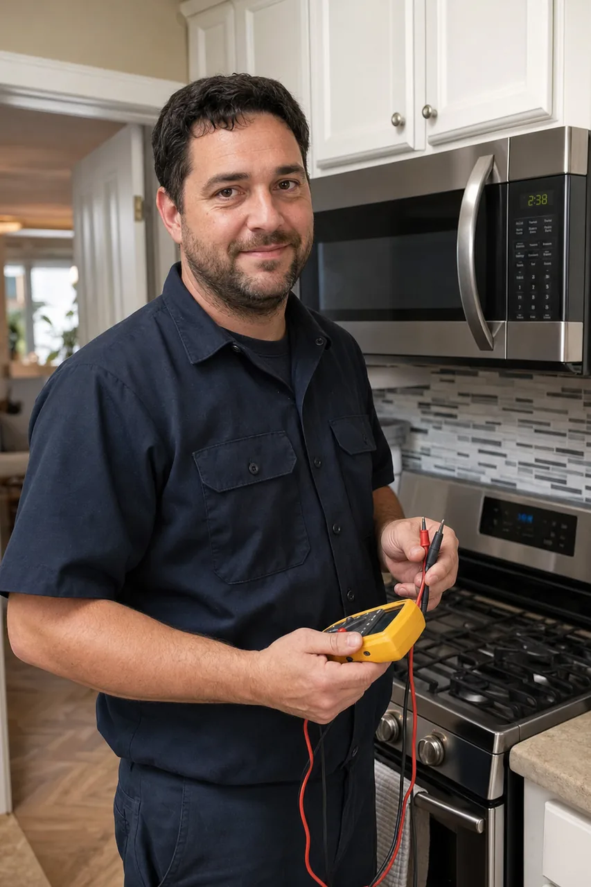 An appliance repair technician in a Mount Kisco kitchen holding a multimeter
