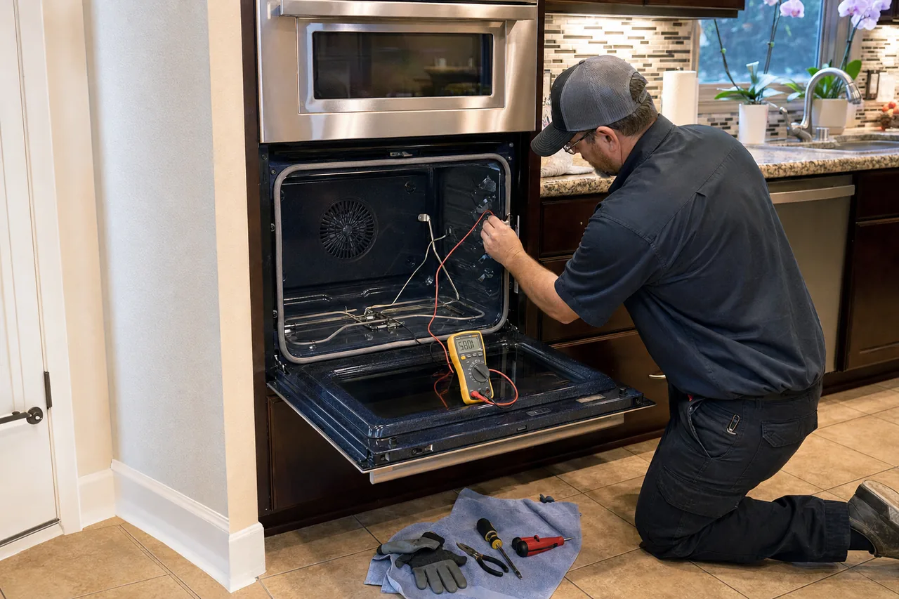 Technician servicing a built-in wall oven in a Mount Kisco kitchen