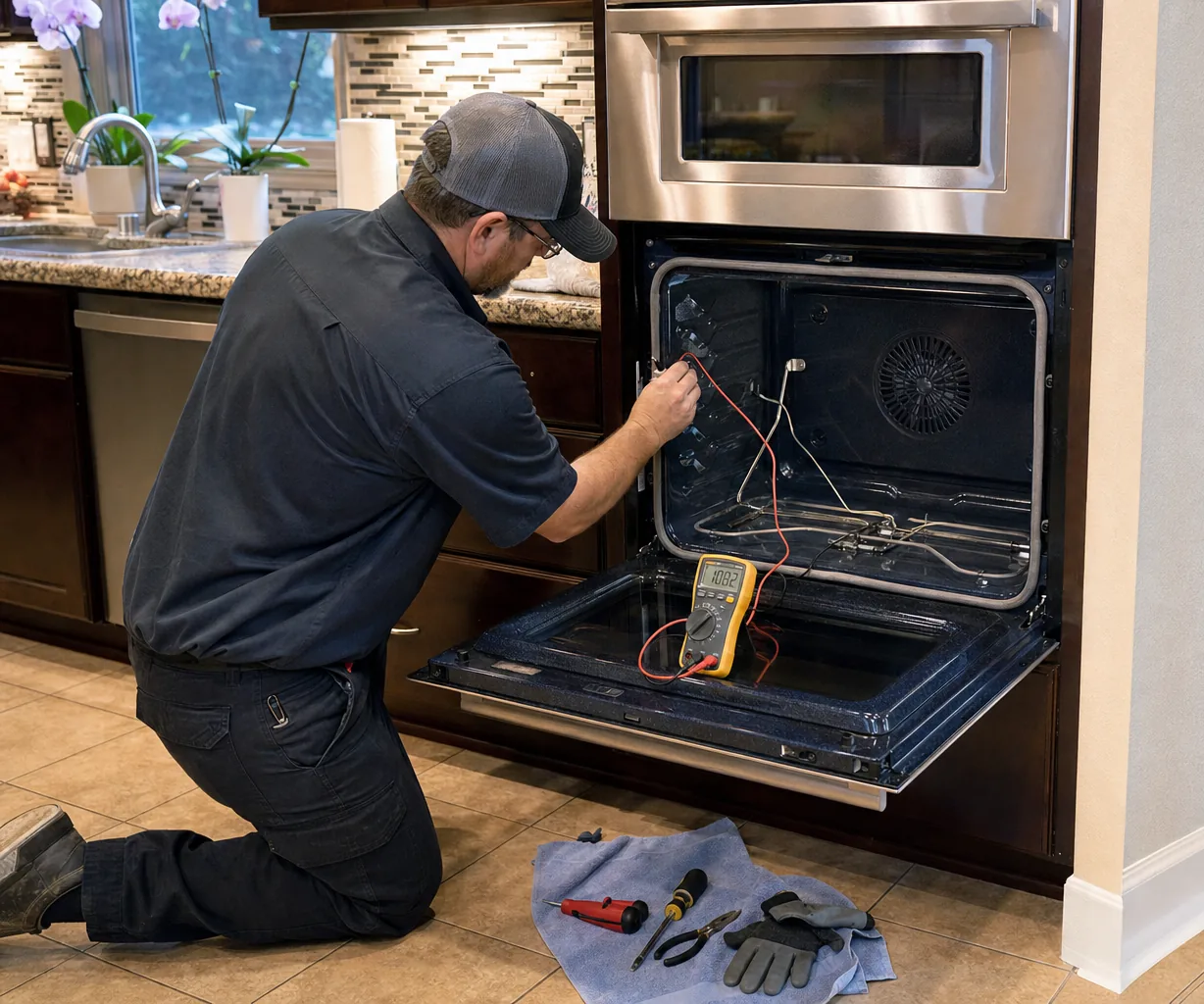 Technician servicing a built-in wall oven up close