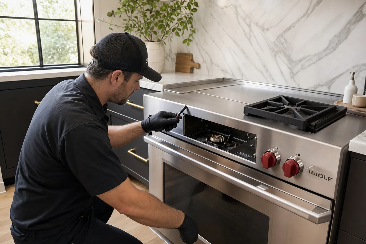 Technician servicing a stainless Wolf range