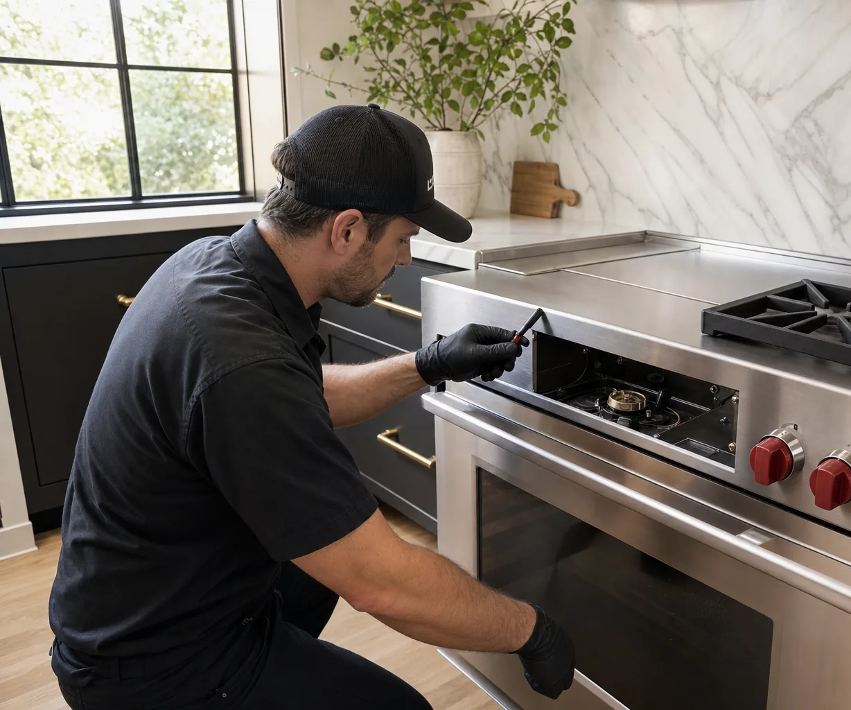 Technician servicing a stainless Wolf range in a Mount Kisco kitchen